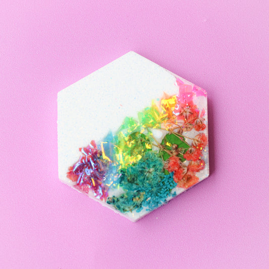 Large Neon Floral Hexagon Shaped Tag